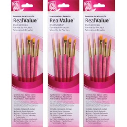Princeton RealValue Brush Set, Gold Taklon Bristles, Short Handle Mixed Media Paintbrush, Pink, 5 Per Set, 3 Sets