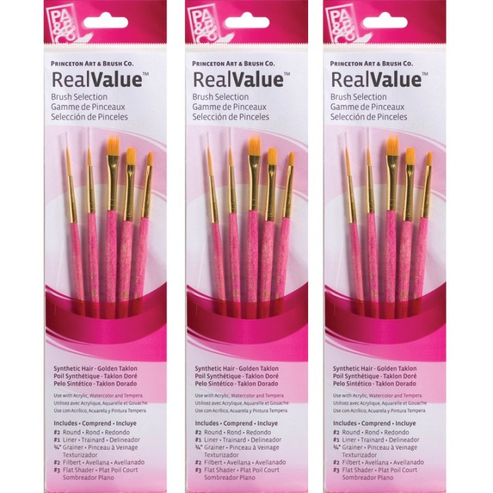 Princeton RealValue Brush Set, Gold Taklon Bristles, Short Handle Mixed Media Paintbrush, Pink, 5 Per Set, 3 Sets