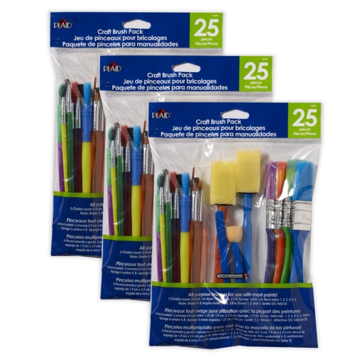 Plaid Craft Brush Set, Assorted Shapes & Sizes, 25 Per Set, 3 Sets