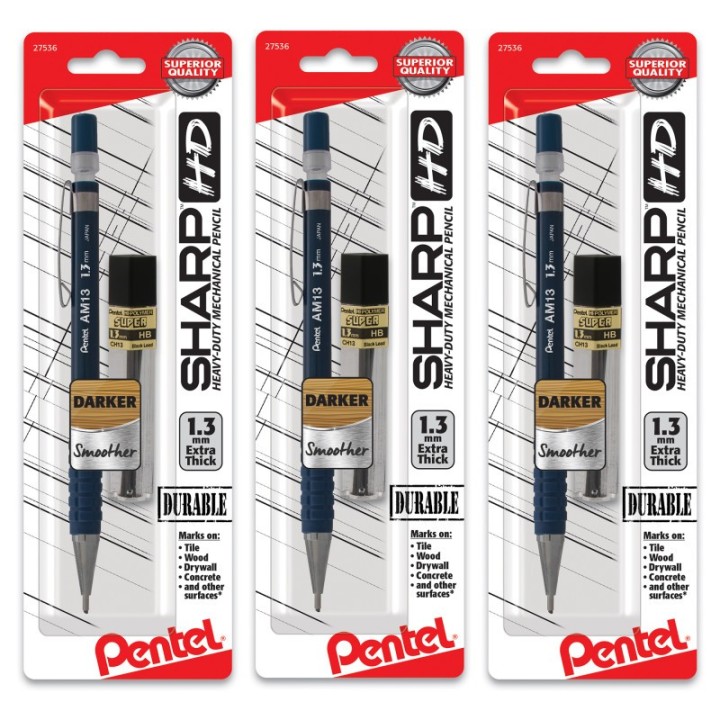 Pentel® Sharp HD Mechanical Pencil (1.3mm), Dark Blue Barrel, (1) Super Hi-Polymer Lead Refill, Pack of 3