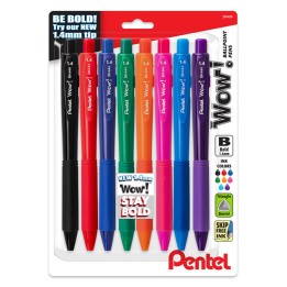 Pentel® Wow! Retractable Ballpoint Pen, (1.4mm) Bold Line, Assorted Ink, 8-Pack
