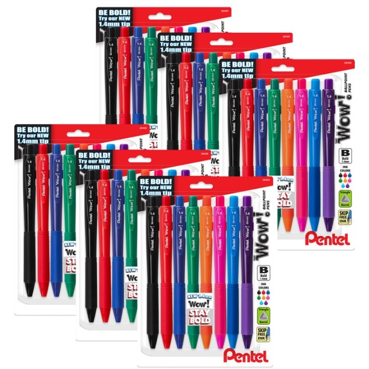 Pentel® Wow! Retractable Ballpoint Pen, (1.4mm) Bold Line, Assorted Ink, 8 Per Pack, 6 Packs