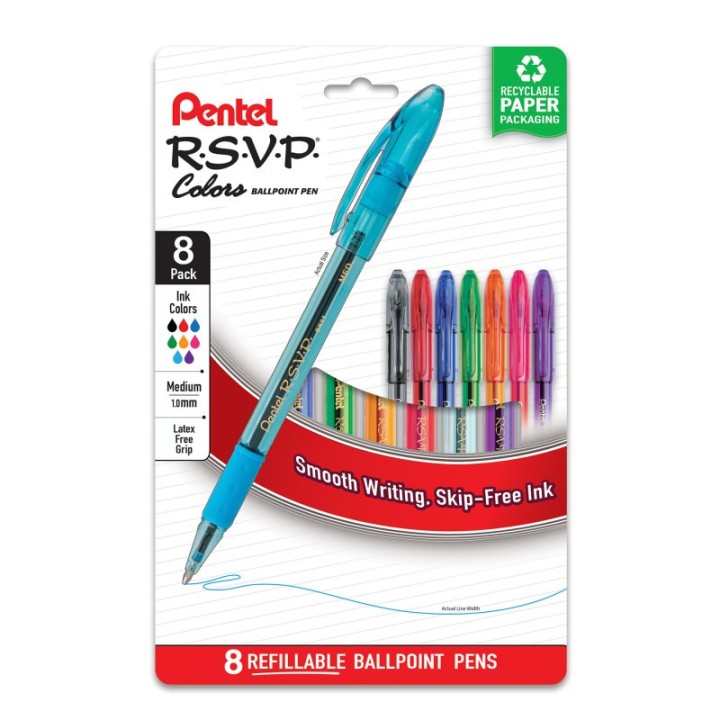 Pentel® R.S.V.P. Colors Ballpoint Pen, (1.0mm), Assorted Ink, 8-Pack