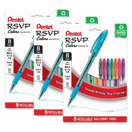 Pentel® R.S.V.P. Colors Ballpoint Pen, (1.0mm), Assorted Ink, 8 Per Pack, 3 Packs