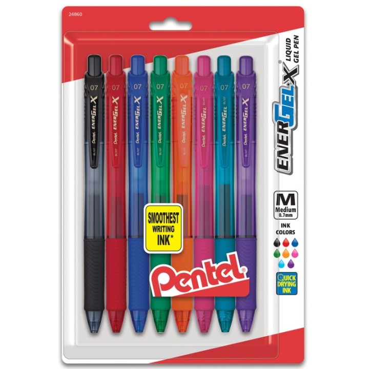 Pentel® EnerGel-X Retractable Liquid Gel Pen, (0.7mm) Metal Tip, Medium Line, Assorted Ink, 8-Pack