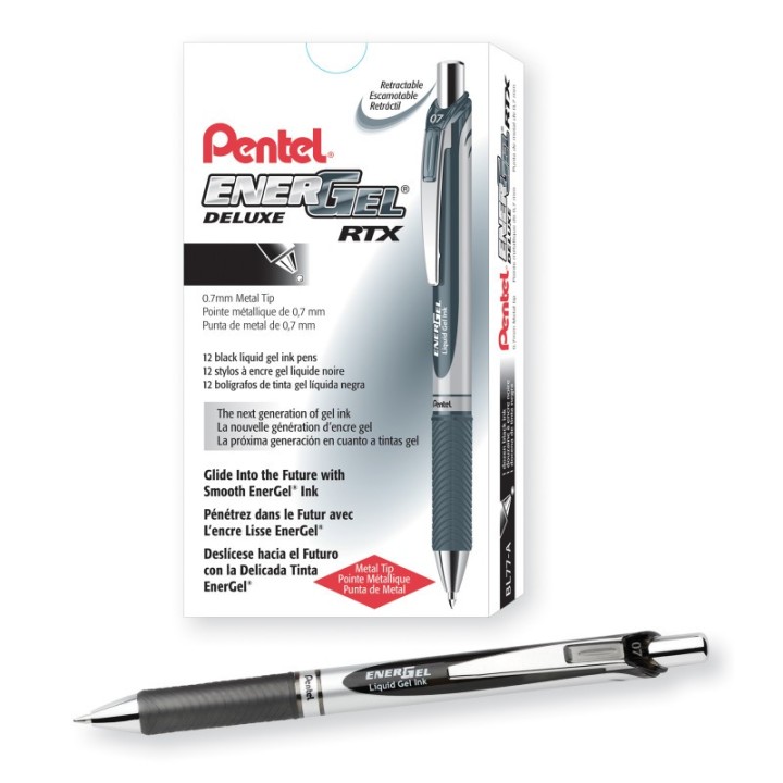 Pentel® EnerGel RTX Retractable Liquid Gel Pen, (0.7mm) Metal Tip, Medium Line, Black Ink, 1 Dozen