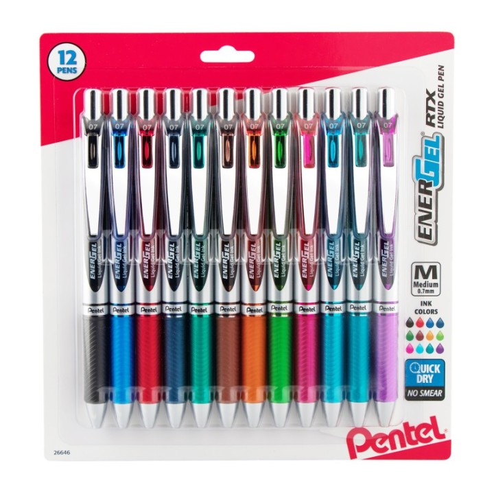 Pentel® EnerGel RTX Retractable Liquid Gel Pen, (0.7mm) Medium Line, Assorted Ink, 12-Pack
