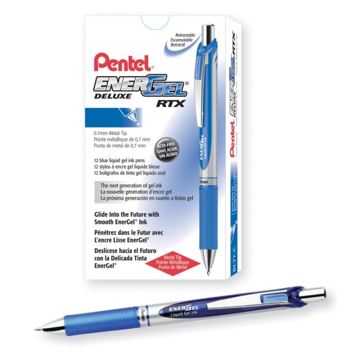 Pentel® EnerGel RTX Retractable Liquid Gel Pen, (0.7mm) Metal Tip, Medium Line, Blue Ink, 1 Dozen