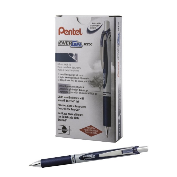 Pentel® EnerGel RTX Retractable Liquid Gel Pen, (0.7mm) Metal Tip, Medium Line, Navy Blue Ink, 1 Dozen
