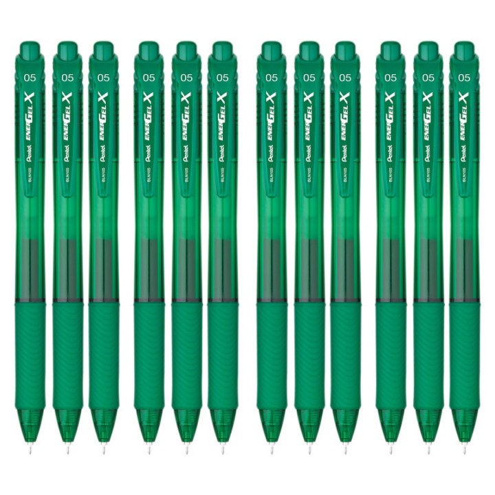 Pentel® EnerGel-X Retractable Liquid Gel Pen, (0.5mm) Needle Tip, Fine Line, Green Ink, 1 Dozen
