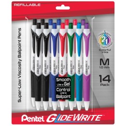 Pentel® GlideWrite Ballpoint Pen with TechniFlo Ink, (1.0mm) Medium Line, Assorted Ink, 14-Pack