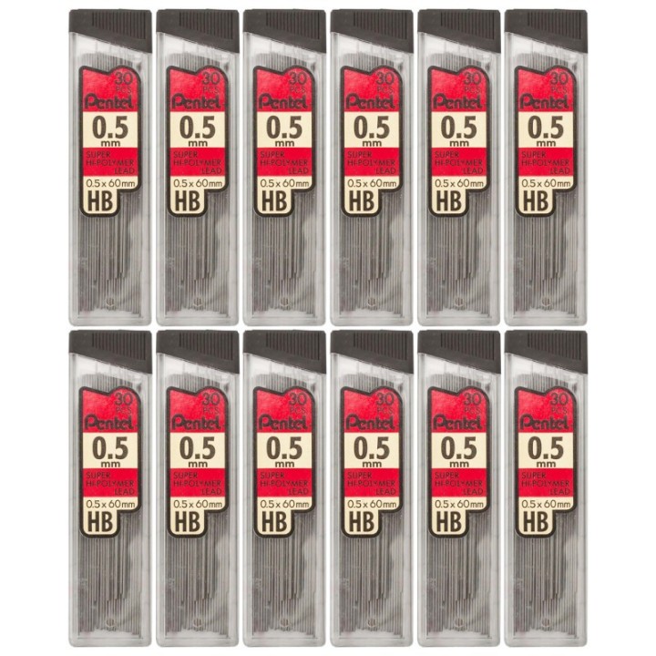 Pentel® HB Super Hi-Polymer Leads, 0.5mm, Black, 30 Per Pack, 12 Packs