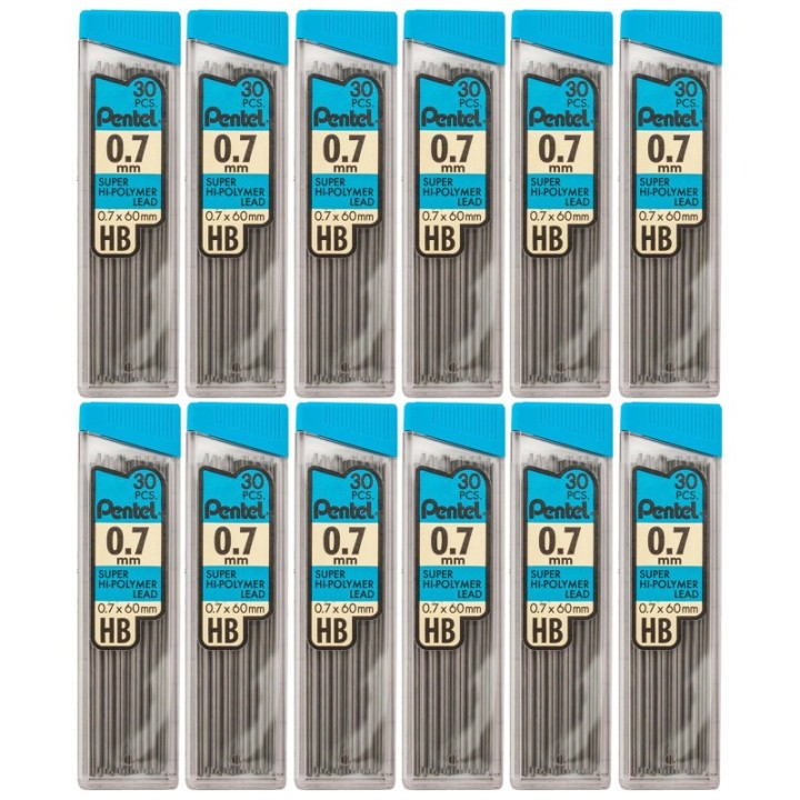 Pentel® HB Super Hi-Polymer Leads, 0.7mm, Black, 30 Leads Per Pack, 12 Packs