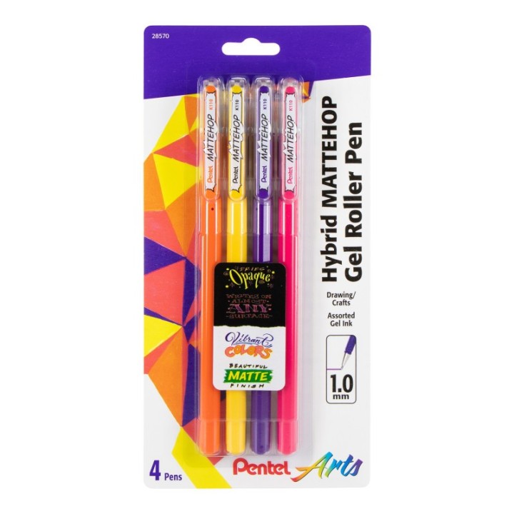 Pentel Arts Hybrid MATTEHOP Gel Roller, 1.0mm, Matte F/G/P/V Ink, Pack of 4