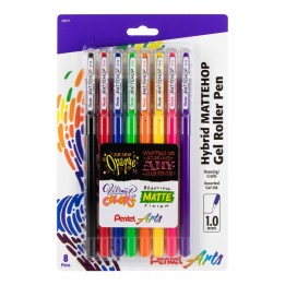 Pentel Arts Hybrid MATTEHOP Gel Roller, 1.0mm, Matte A/B/C/D/F/G/P/V Ink, Pack of 8