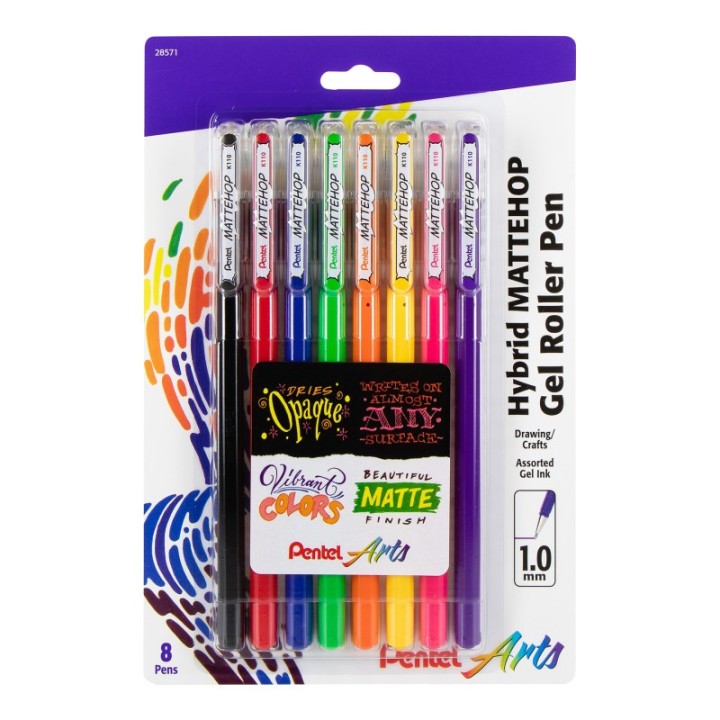 Pentel Arts Hybrid MATTEHOP Gel Roller, 1.0mm, Matte A/B/C/D/F/G/P/V Ink, Pack of 8
