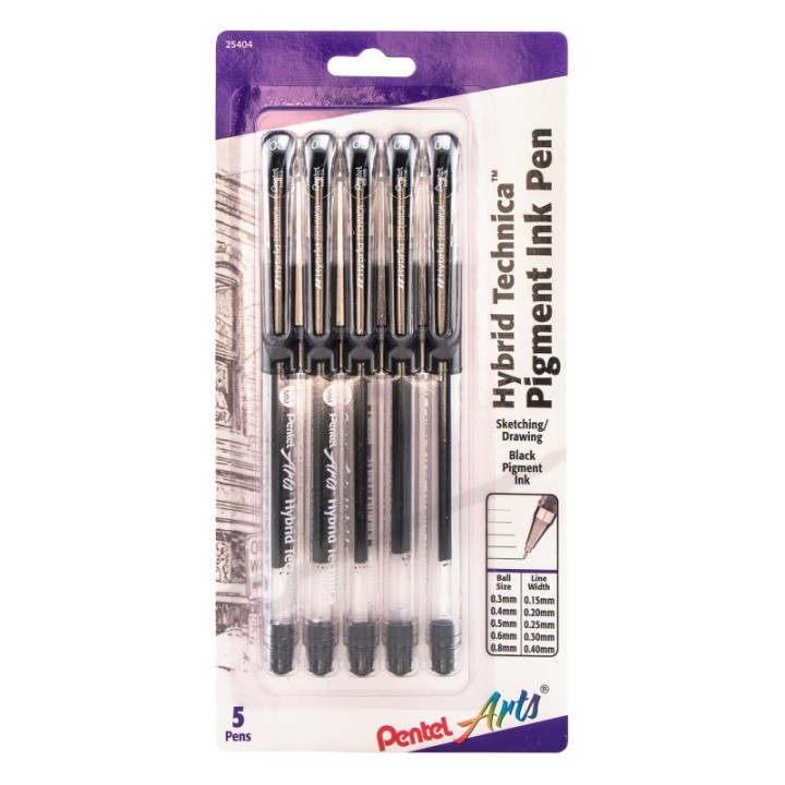 Pentel Arts Hybrid Technica Gel Pen, Assorted Tip Sizes (0.05, 0.1, 0.3, 0.5, 0.8), Black Ink 5-Pk