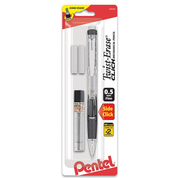 Pentel® Twist-Erase Click Mechanical Pencil (0.5mm) Clear Barrel, 1-Pack with Lead & 2 Erasers