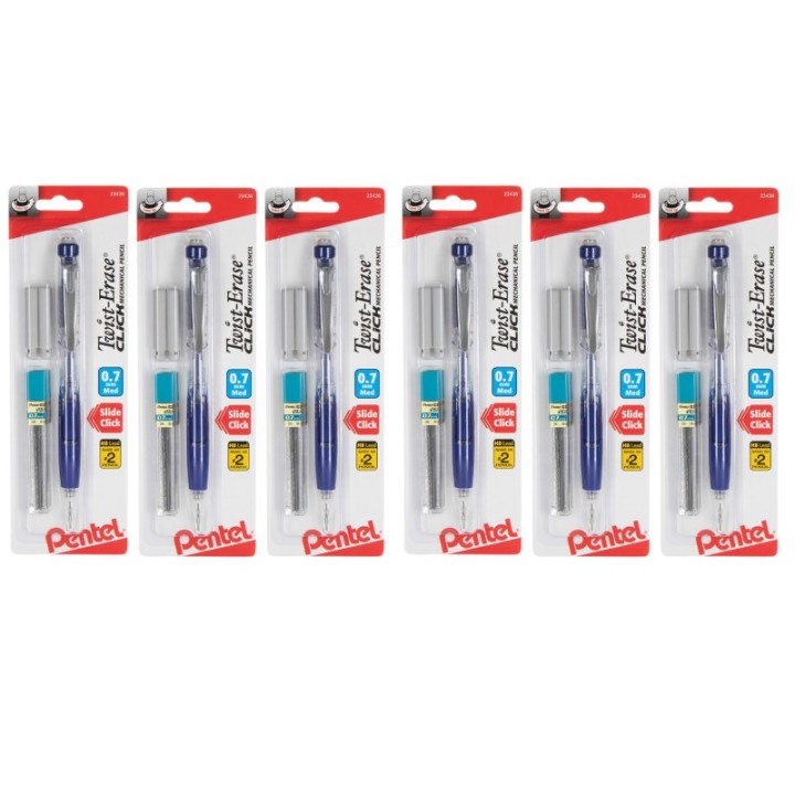 Pentel® Twist-Erase Click Mechanical Pencil (0.7mm) Clear Barrel, 1-Pack with Lead & 2 Erasers, Pack of 6