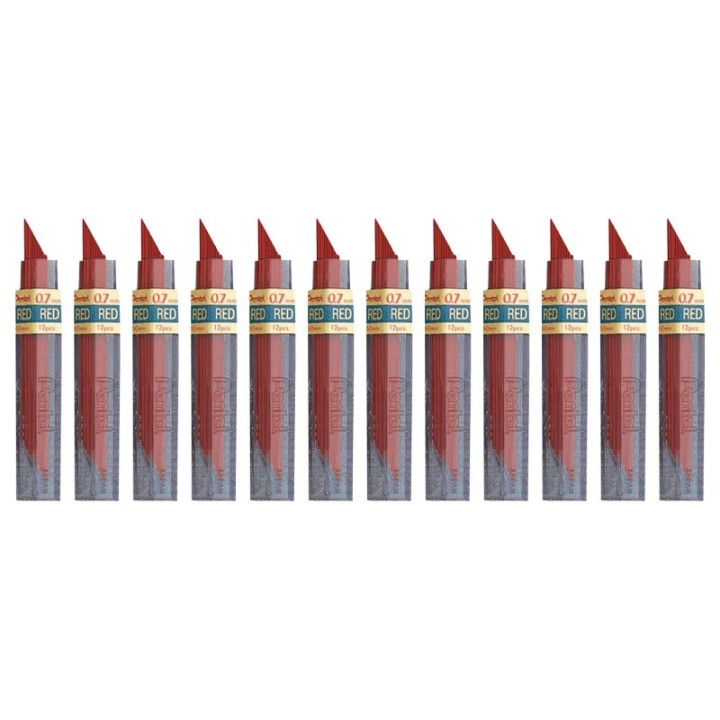 Pentel® HB Super Hi-Polymer Leads, 0.7mm, Red, 12 Per Tube, 12 Tubes