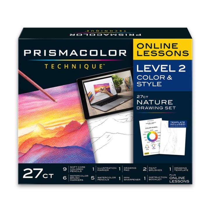 Prismacolor® Technique, Art Supplies and Digital Art Lessons, Nature Drawing Set, Level 2, Sunset Landscape Drawing, 27 Count
