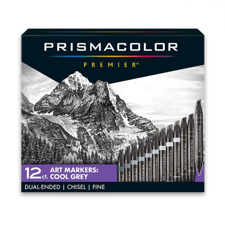 Prismacolor® Premier® Dual-Ended Art Markers, Chisel Tip and Fine Tip, Cool Grey Colors, 12 Count