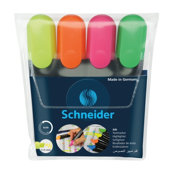 Schneider® Job Highlighter, 1 + 5 mm Chisel Tip, 4 Assorted Ink Colors (Pink, Yellow, Orange, Green)