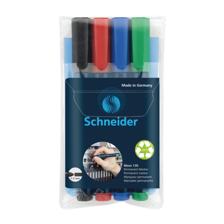 Schneider® Maxx 130 Permanent Markers, 1 + 3 mm Bullet Tip, 4 Assorted Ink Colors (Black, Red, Blue, Green)