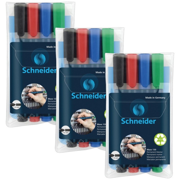 Schneider® Maxx 130 Permanent Markers, Assorted Colors, 4 Per Pack, 3 Packs