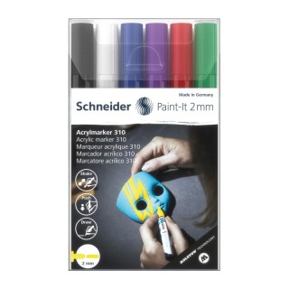 Schneider® Paint-It 310 Acrylic Markers, 2 mm Bullet Tip, Wallet, 6 Assorted Ink Colors