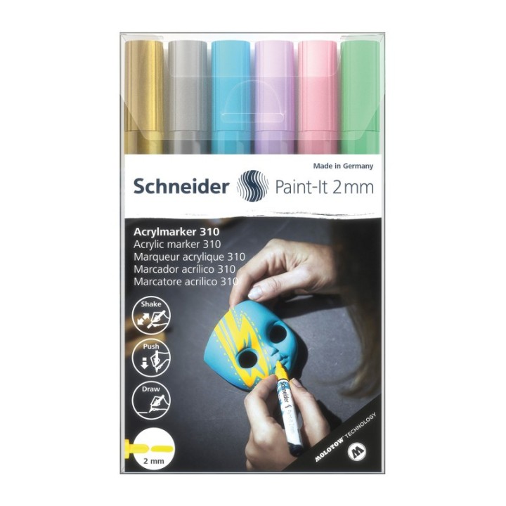 Schneider® Paint-It 310 Acrylic Markers, 2 mm Bullet Tip, Wallet, 6 Assorted Pastel Ink Colors
