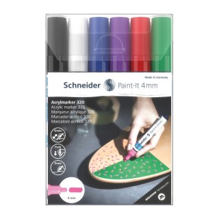 Schneider® Paint-It 320 Acrylic Markers, 4 mm Bullet Tip, Wallet, 6 Assorted Ink Colors
