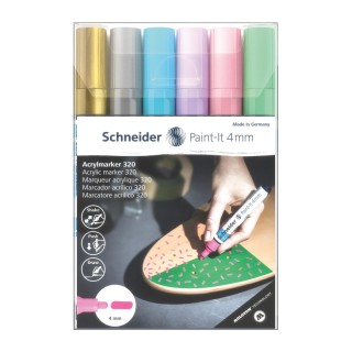 Schneider® Paint-It 320 Acrylic Markers, 4 mm Bullet Tip, Wallet, 6 Assorted Pastel Ink Colors