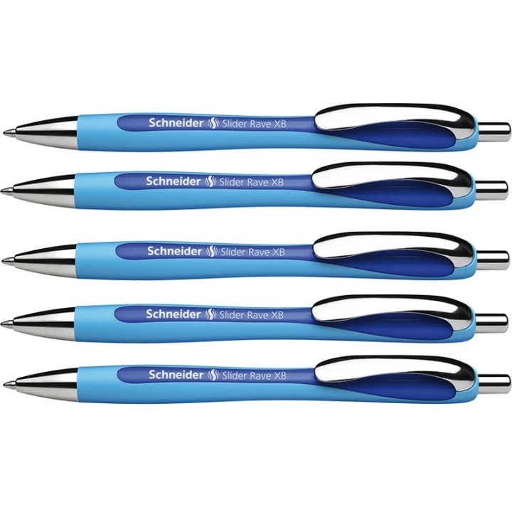 Schneider® Rave Retractable Ballpoint Pen, ViscoGlide Ink, 1.4 mm, Blue, Pack of 5