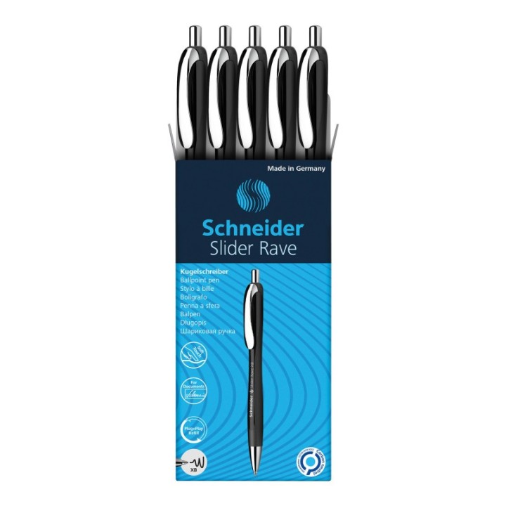 Schneider® Slider Rave XB Retractable Ballpoint Pens, Black Barrel/Blue Ink, Box of 5