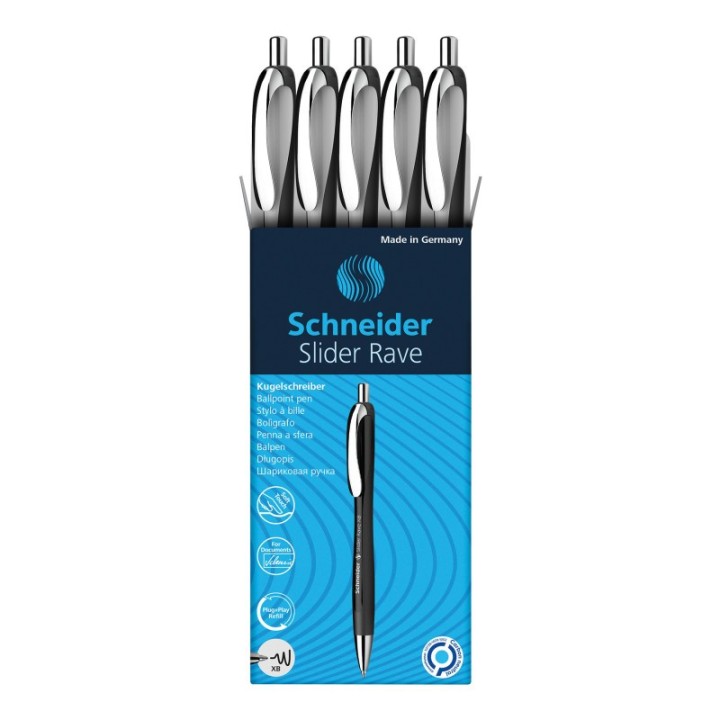 Schneider® Slider Rave XB Retractable Ballpoint Pens, White-Black Barrel/Blue Ink, Box of 5