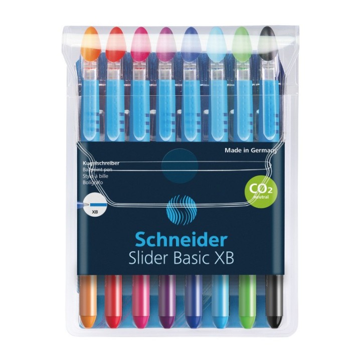 Schneider® Slider Basic XB Ballpoint Pen, 1.4 mm, 8 Assorted Ink Colors in Reusable Wallet