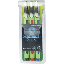 Schneider® Xpress Premium Fineliner Pen, Fiber Tip, 0.8 mm, 3 Assorted Ink Colors (Black, Red, Blue)