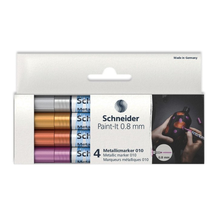 Schneider® Paint-It 010 Metallic Markers, 0.8 mm Tip, Wallet, 4 Assorted Ink Colors (Set 1)