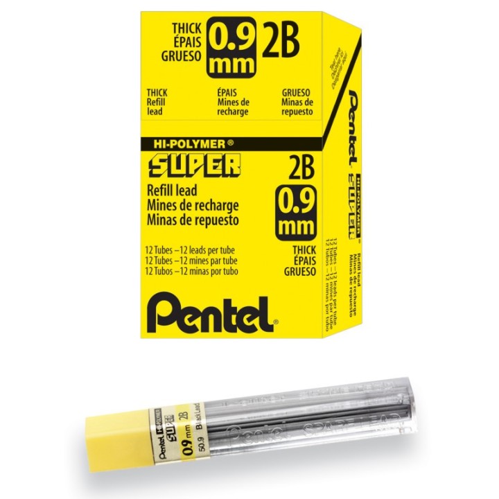 Pentel® Super Hi-Polymer Lead Refill (0.9mm) Thick, 2B, 15 Pieces/Tube, 12 Tubes/Box