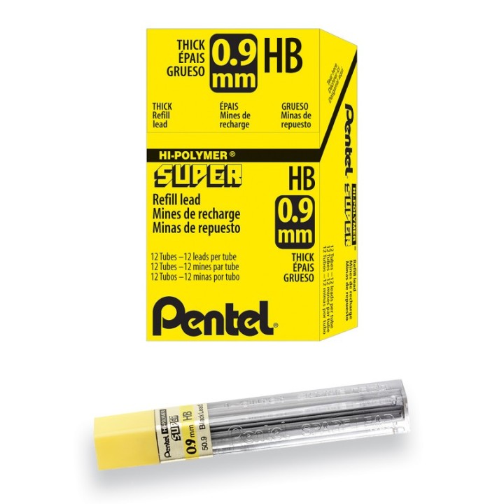 Pentel® Super Hi-Polymer Lead Refill (0.9mm) Thick, HB, 15 Pieces/Tube, 12 Tubes/Box