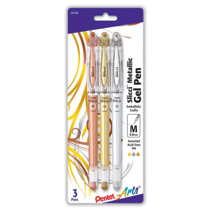 Pentel Arts Slicci Metallic Gel Pen, Med 0.8mm Needle Tip, Assorted Ink (E/X/Z), 3 Pack