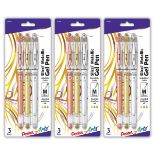 Pentel Arts Slicci Metallic Gel Pen, Med 0.8mm Needle Tip, Assorted Ink (E/X/Z), 3 Per Set, 3 Sets