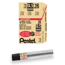 Pentel® Super Hi-Polymer Lead Refill (0.5mm) Fine, 2B, 12 Pieces/Tube, 12 Tubes/Box