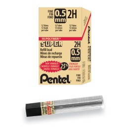 Pentel® Super Hi-Polymer Lead Refill (0.5mm) Fine, 2H, 12 Pieces/Tube, 12 Tubes/Box