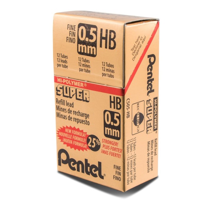 Pentel® Super Hi-Polymer Lead Refill (0.5mm) Fine, HB, 12 Pieces/Tube, 12 Tubes/Box