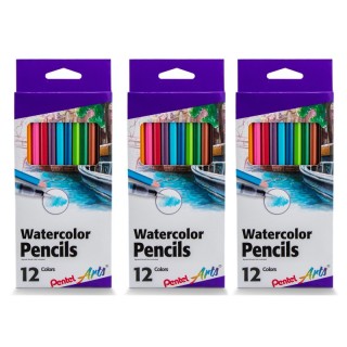 Pentel Arts Watercolor Pencil Set, Assorted Colors, 12 Per Set, 3 Sets