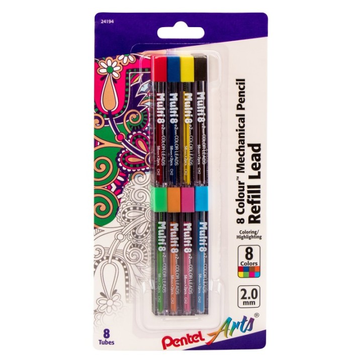 Pentel Arts 8 Color Pencil Lead Refill (2.0mm), Assorted Colors, 8-Pack