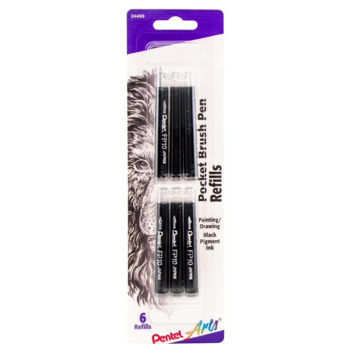 Pentel Arts Pocket Brush Pen Refills, Black Ink, Pack of 6