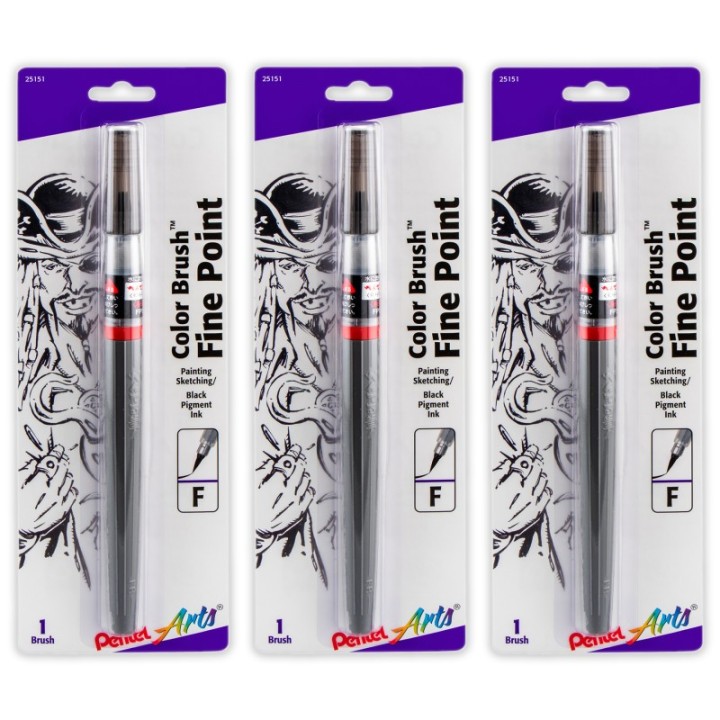 Pentel Arts Color Brush with Pigment Ink, Fine Tip, Black, Pack of 3